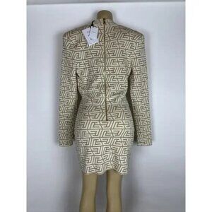 NWT Balmain Women's Natural V-neck Monogram Knitted Mini Dress